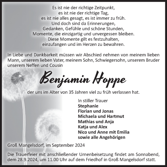 Traueranzeige von Benjamin Hoppe von Volksstimme Burg/Genthin