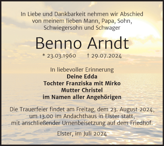 Traueranzeige von Benno Arndt von Trauerkombi Wittenberg