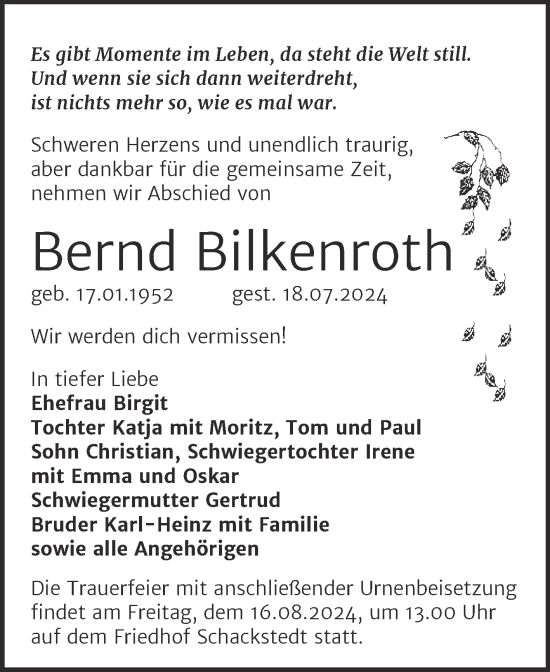 Traueranzeige von Bernd Bilkenroth von Trauerkombi Bernburg