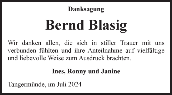 Traueranzeige von Bernd Blasig von Volksstimme Altmark Ost