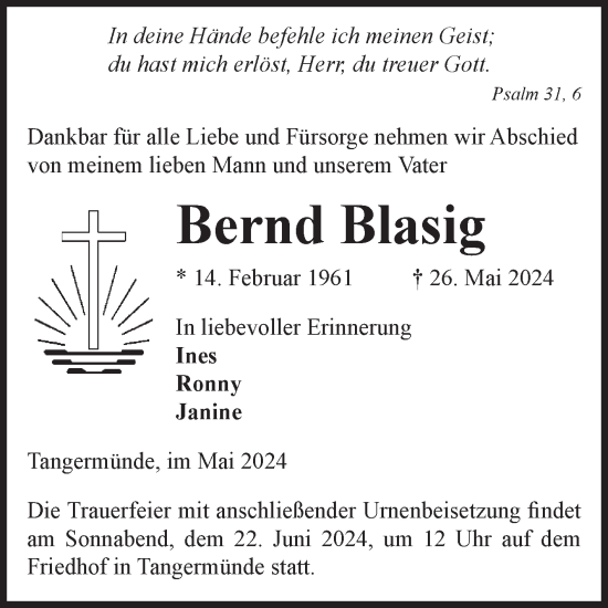 Traueranzeige von Bernd Blasig von Volksstimme Altmark Ost