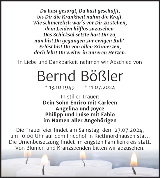 Traueranzeige von Bernd Bößler von Trauerkombi Sangerhausen