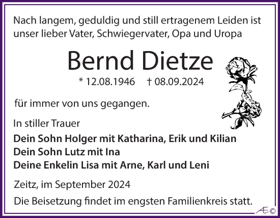 Traueranzeige von Bernd Dietze von Trauerkombi Zeitz