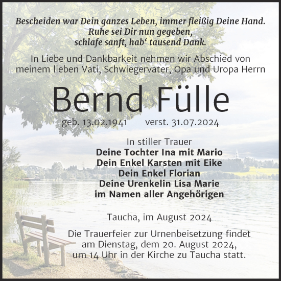 Traueranzeige von Bernd Fülle von Trauerkombi Weißenfels