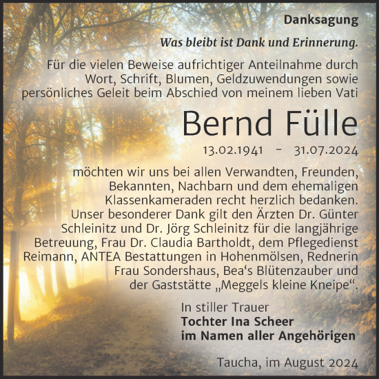 Traueranzeige von Bernd Fülle von Trauerkombi Weißenfels