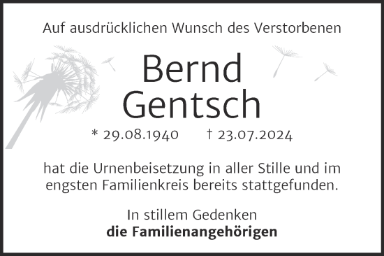 Traueranzeige von Bernd Gentsch von Naumburger Tageblatt