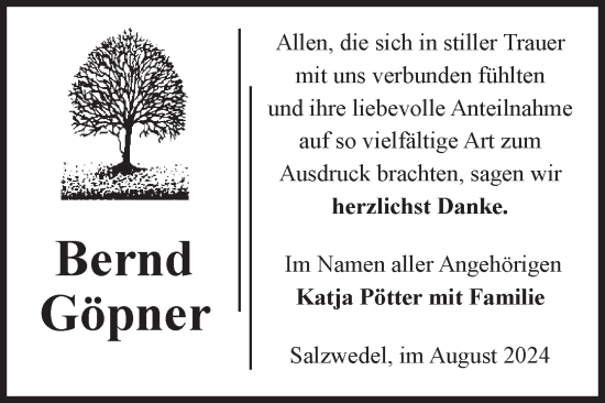 Traueranzeige von Bernd Göpner von Volksstimme Altmark West