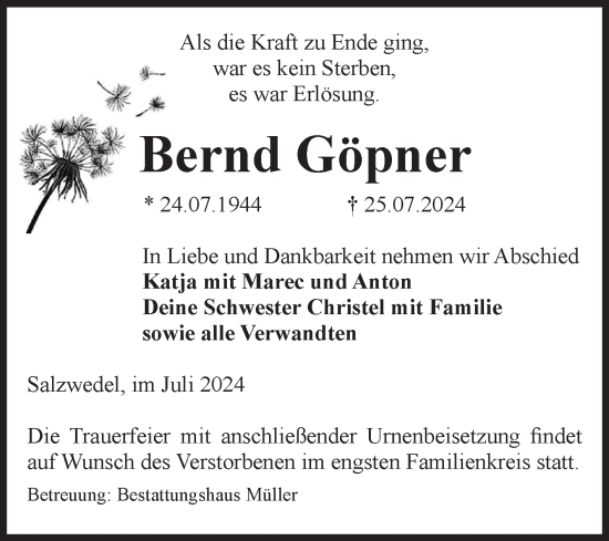 Traueranzeige von Bernd Göpner von Volksstimme Altmark West
