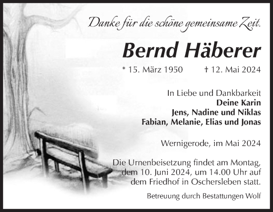 Traueranzeige von Bernd Häberer von Volksstimme Oschersleben/Wanzleben