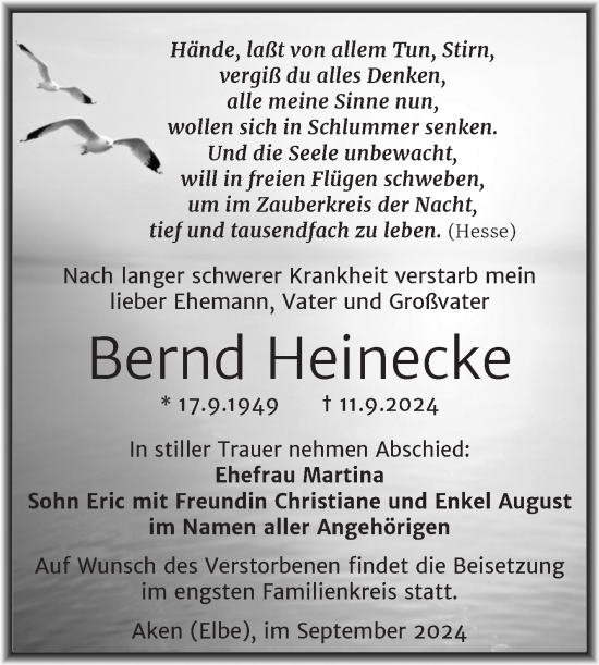 Traueranzeige von Bernd Heinecke von Trauerkombi Köthen