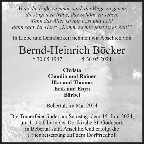 Traueranzeige von Bernd-Heinrich Böcker von Volksstimme Haldensleben/Wolmirstedt