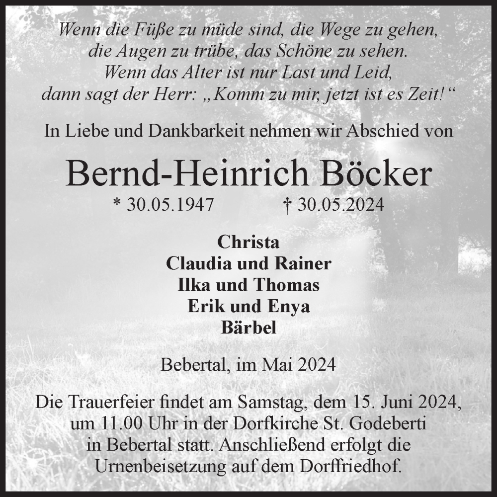  Traueranzeige für Bernd-Heinrich Böcker vom 08.06.2024 aus Volksstimme Haldensleben/Wolmirstedt