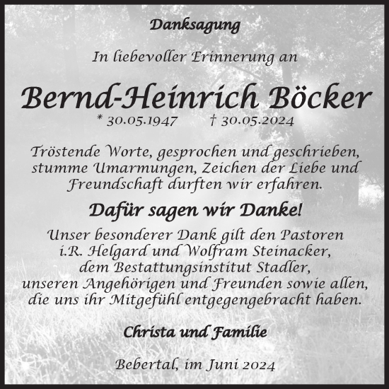 Traueranzeige von Bernd-Heinrich Böcker von Volksstimme Haldensleben/Wolmirstedt