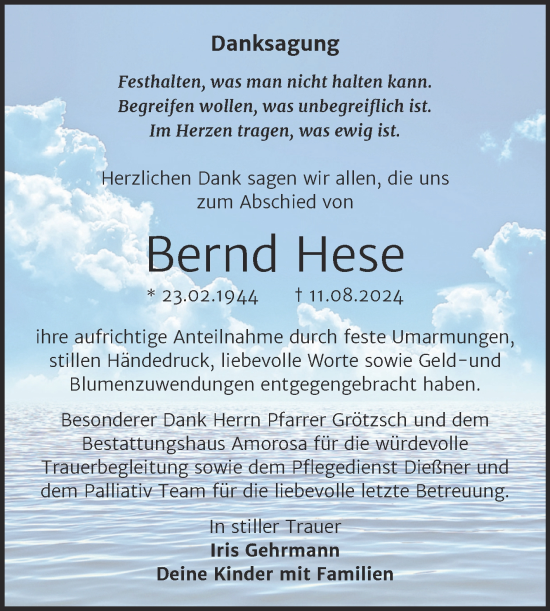 Traueranzeige von Bernd Hese von Trauerkombi Dessau