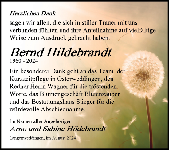 Traueranzeige von Bernd Hildebrandt von Volksstimme Oschersleben/Wanzleben