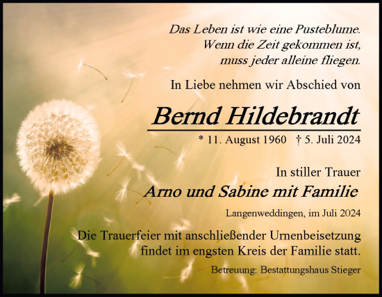 Traueranzeige von Bernd Hildebrandt von Volksstimme Oschersleben/Wanzleben