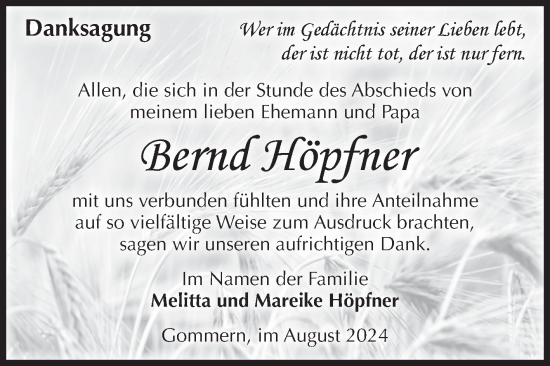 Traueranzeige von Bernd Höpfner von Volksstimme Burg/Genthin