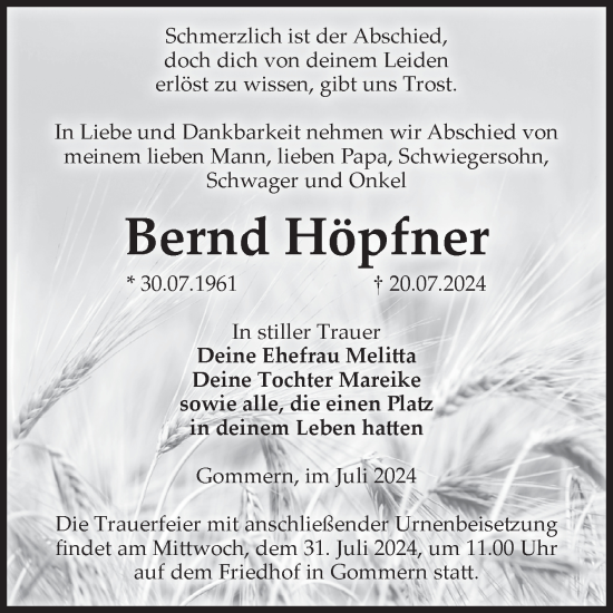 Traueranzeige von Bernd Höpfner von Volksstimme Burg/Genthin