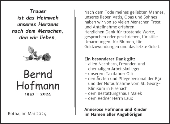 Traueranzeige von Bernd Hofmann von Trauerkombi Sangerhausen
