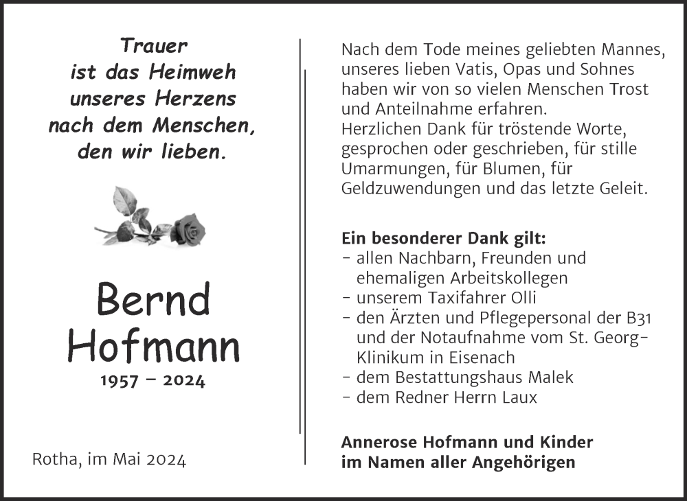  Traueranzeige für Bernd Hofmann vom 08.06.2024 aus Trauerkombi Sangerhausen