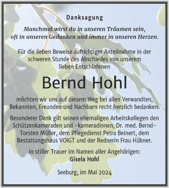 Traueranzeige von Bernd Hohl von Trauerkombi Mansfelder Land