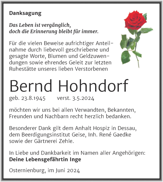 Traueranzeige von Bernd Hohndorf von Trauerkombi Köthen