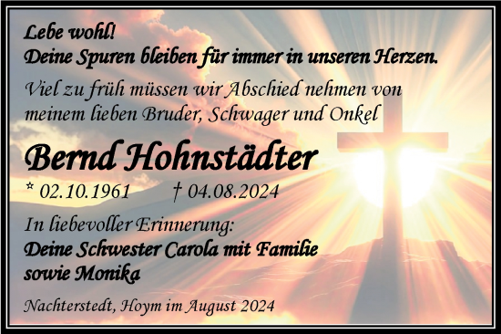 Traueranzeige von Bernd Hohnstädter von Trauerkombi Aschersleben