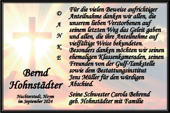 Traueranzeige von Bernd Hohnstädter von Trauerkombi Aschersleben