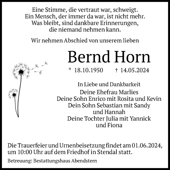 Traueranzeige von Bernd Horn von Volksstimme Altmark Ost