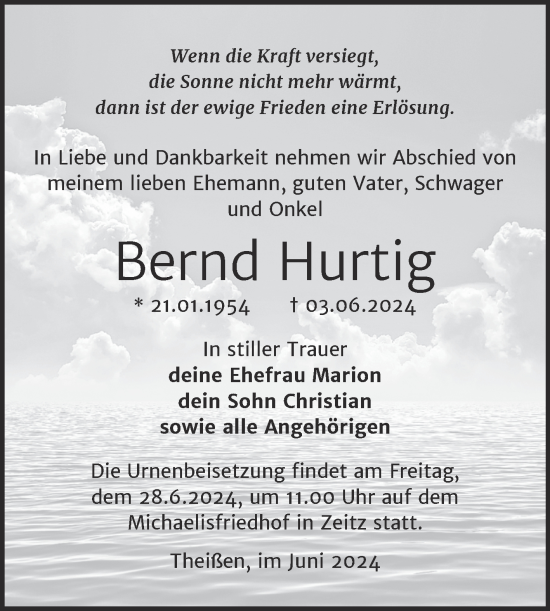 Traueranzeige von Bernd Hurtig von Trauerkombi Zeitz