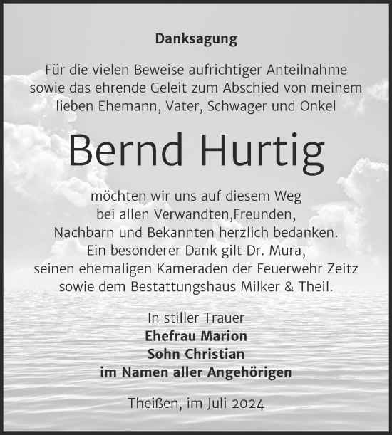 Traueranzeige von Bernd Hurtig von Trauerkombi Zeitz