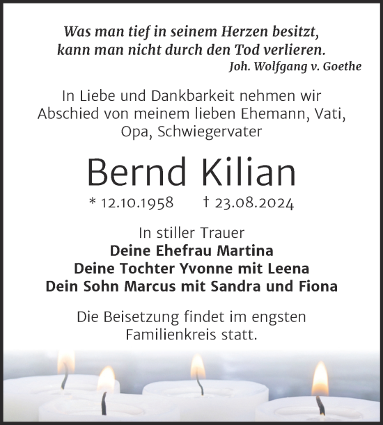 Traueranzeige von Bernd Kilian von Trauerkombi Wittenberg