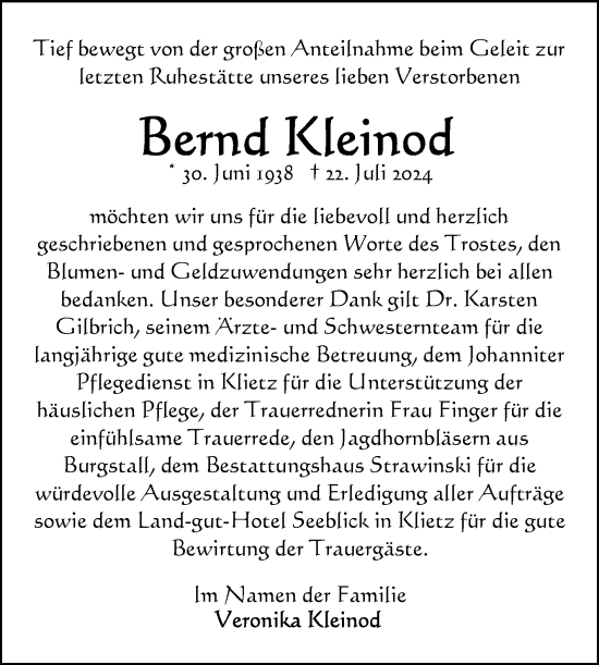 Traueranzeige von Bernd Kleinod von Volksstimme Altmark Ost