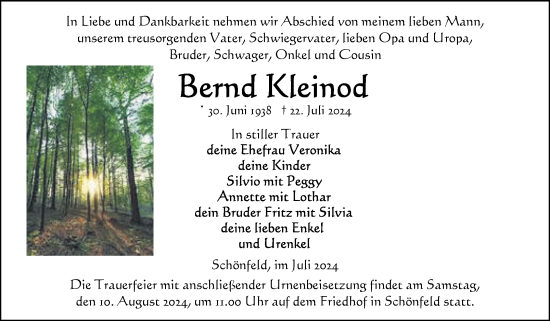 Traueranzeige von Bernd Kleinod von Volksstimme Altmark Ost