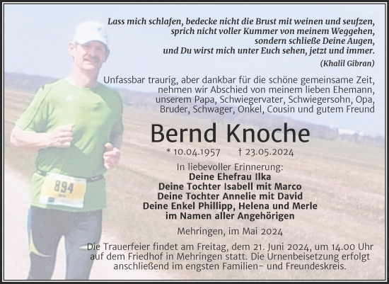 Traueranzeige von Bernd Knoche von Trauerkombi Aschersleben