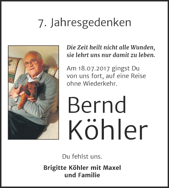 Traueranzeige von Bernd Köhler von Trauerkombi Wittenberg