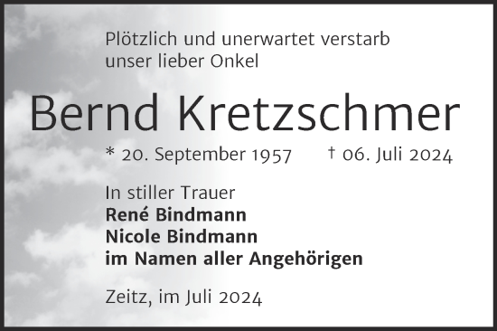 Traueranzeige von Bernd Kretzschmer von Trauerkombi Zeitz