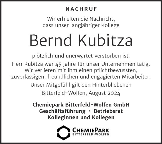 Traueranzeige von Bernd Kubitza von Mitteldeutsche Zeitung Bitterfeld