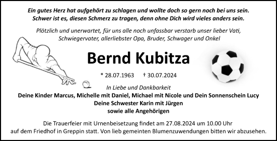Traueranzeige von Bernd Kubitza von Trauerkombi Bitterfeld