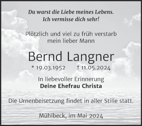 Traueranzeige von Bernd Langner von Trauerkombi Bitterfeld