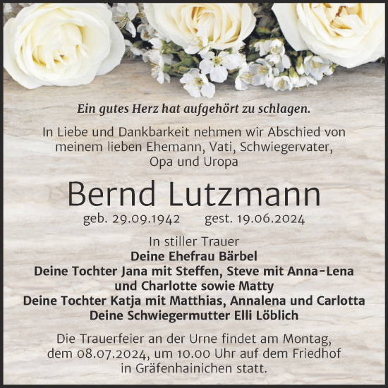 Traueranzeige von Bernd Lutzmann von Trauerkombi Wittenberg