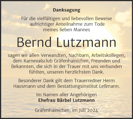 Traueranzeige von Bernd Lutzmann von Trauerkombi Wittenberg