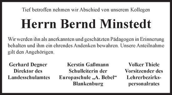 Traueranzeige von Bernd Minstedt von Volksstimme Wernigerode