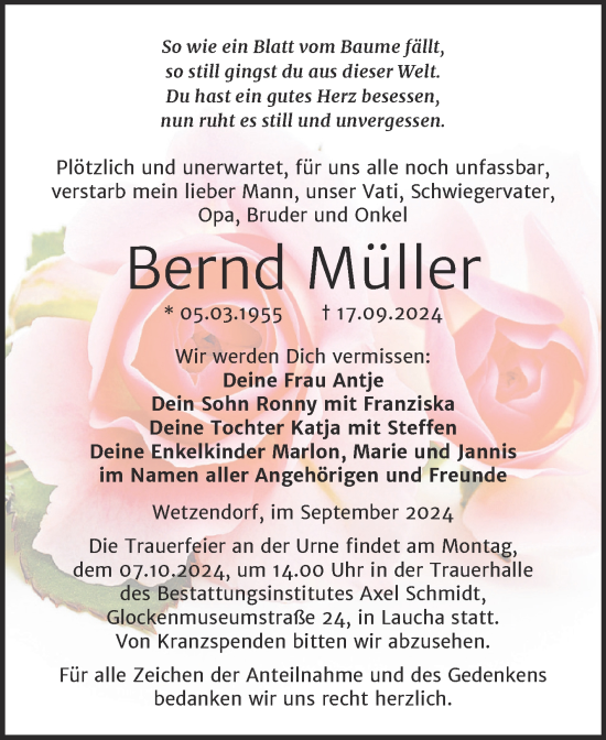 Traueranzeige von Bernd Müller von Super Sonntag Naumburg/Nebra