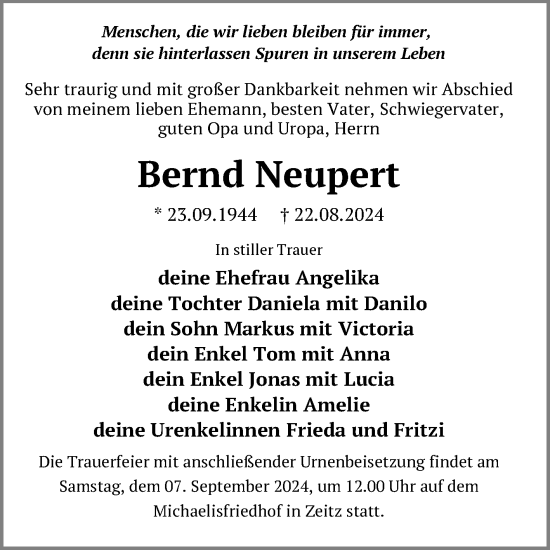 Traueranzeige von Bernd Neupert von Trauerkombi Zeitz