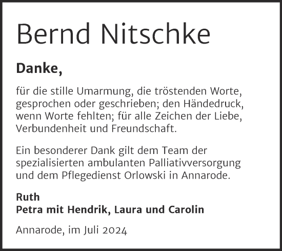 Traueranzeige von Bernd Nitschke von Trauerkombi Mansfelder Land