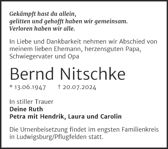 Traueranzeige von Bernd Nitschke von Trauerkombi Mansfelder Land