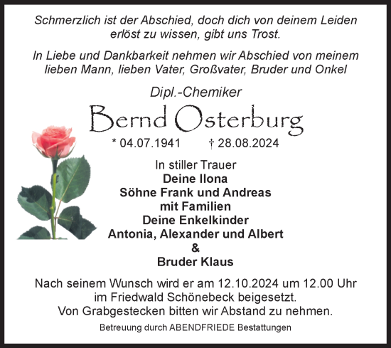Traueranzeige von Bernd Osterburg von Volksstimme Magdeburg