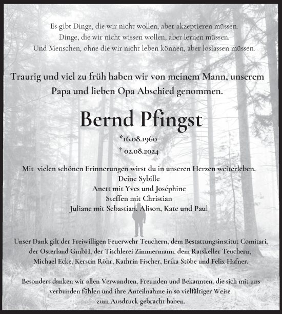 Traueranzeige von Bernd Pfingst von Trauerkombi Weißenfels