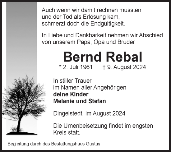 Traueranzeige von Bernd Rebal von Volksstimme Halberstadt